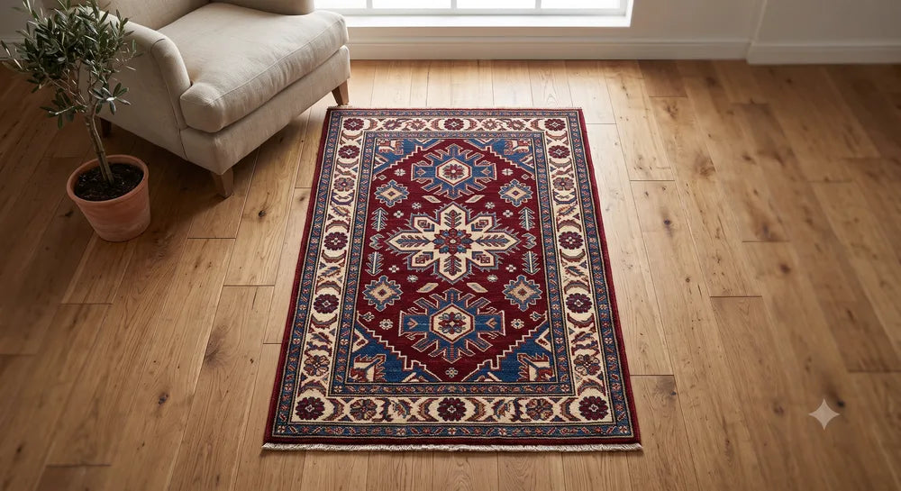 Traditional handwoven wool rug with geometric pattern