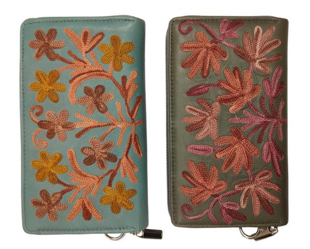 Leather Single Zip Wallet — Kashmiri embroidered leather
