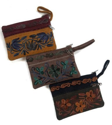 Leather Six Inch Three Zip Purse — Kashmiri embroidered leather