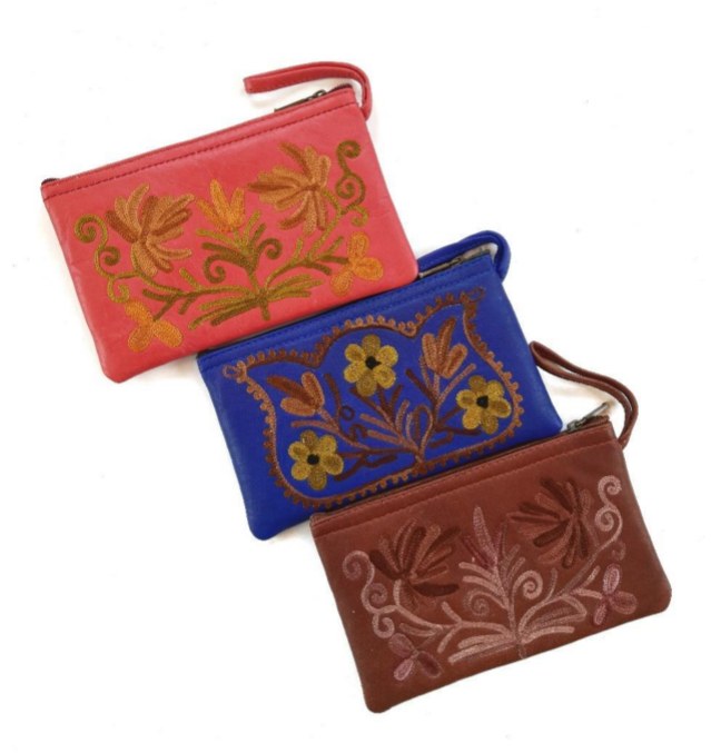 Leather Six Inch Zip Purse — Kashmiri embroidered leather