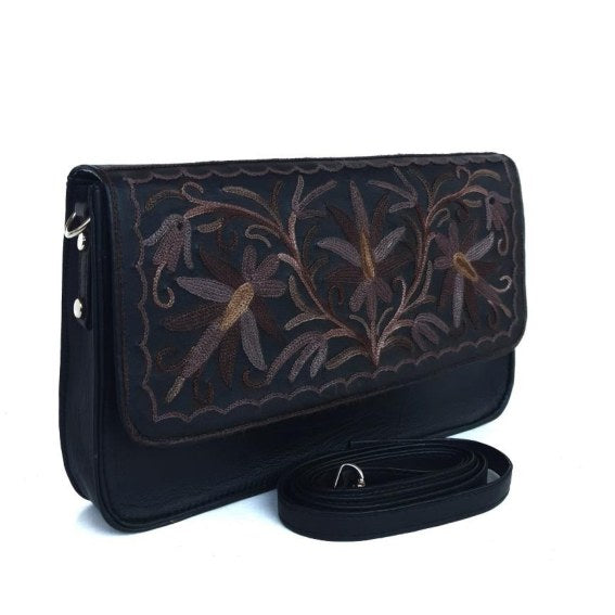 Leather Sling Purse — Kashmiri embroidered leather