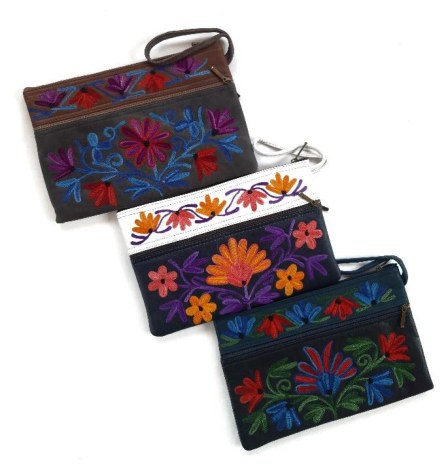 Leather Ten Inch Three Zip Purse — Kashmiri embroidered leather